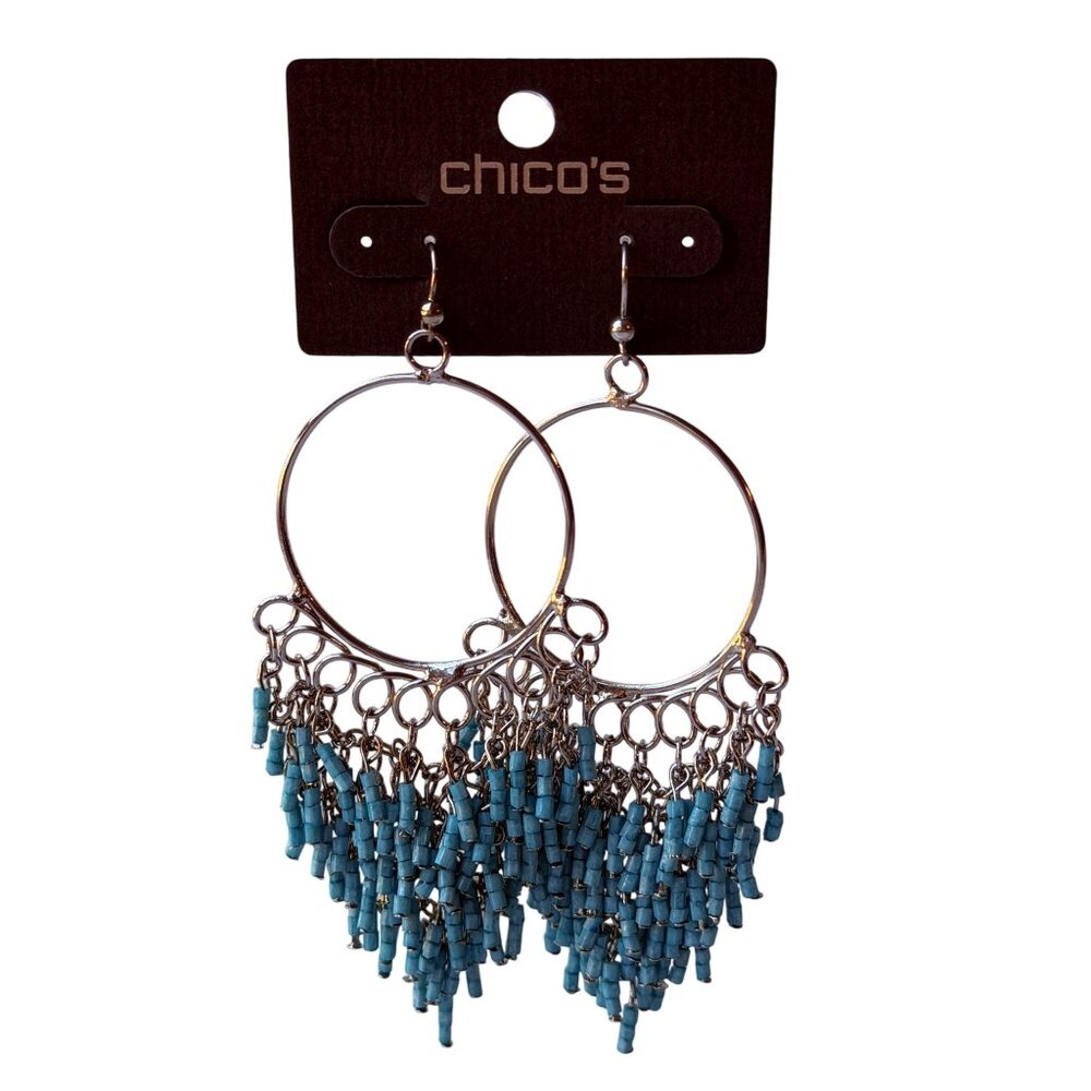 Vintage‎ Chico;s Y2K Silver Hoop Earrings with Turquoise Seed Bead Fringe